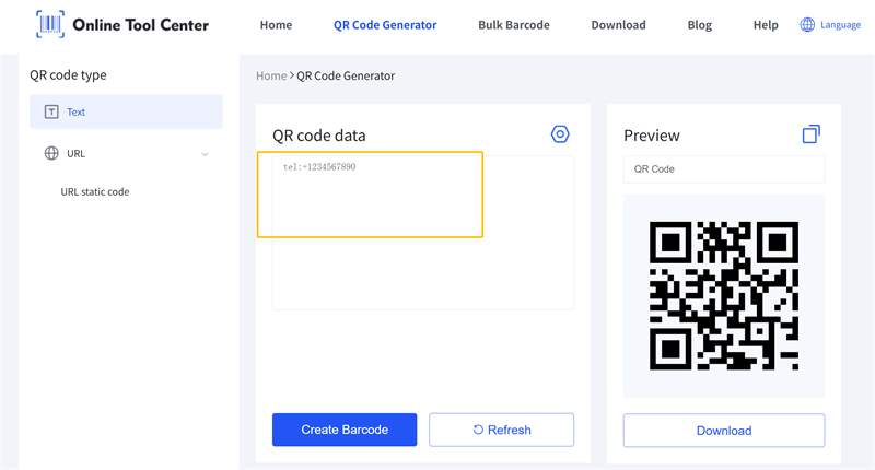 Buat Kod QR untuk Nombor Telefon